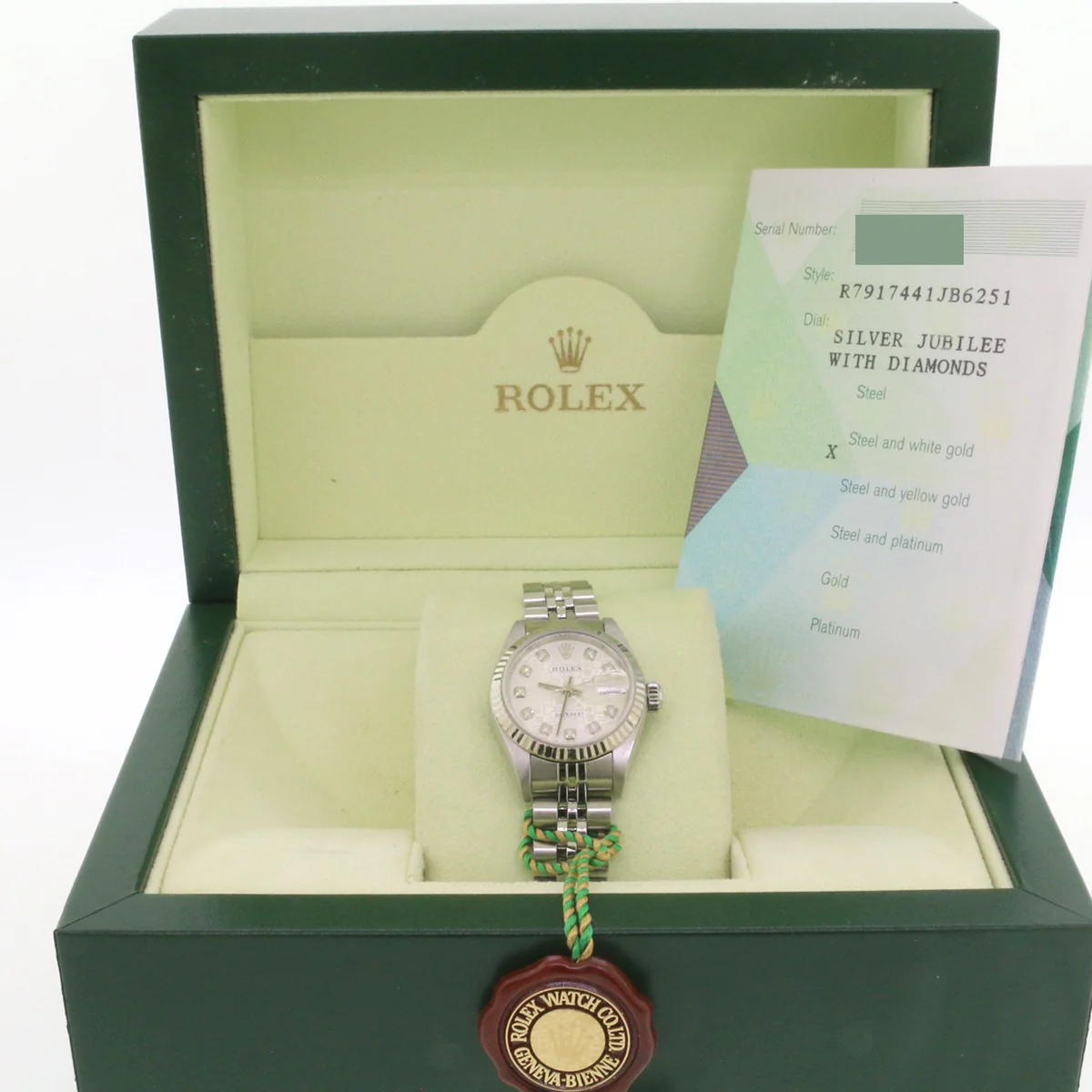 Rolex Datejust 26mm White Gold/Steel Diamond Jubilee Silver Dial 79174 Box Papers - Image 2