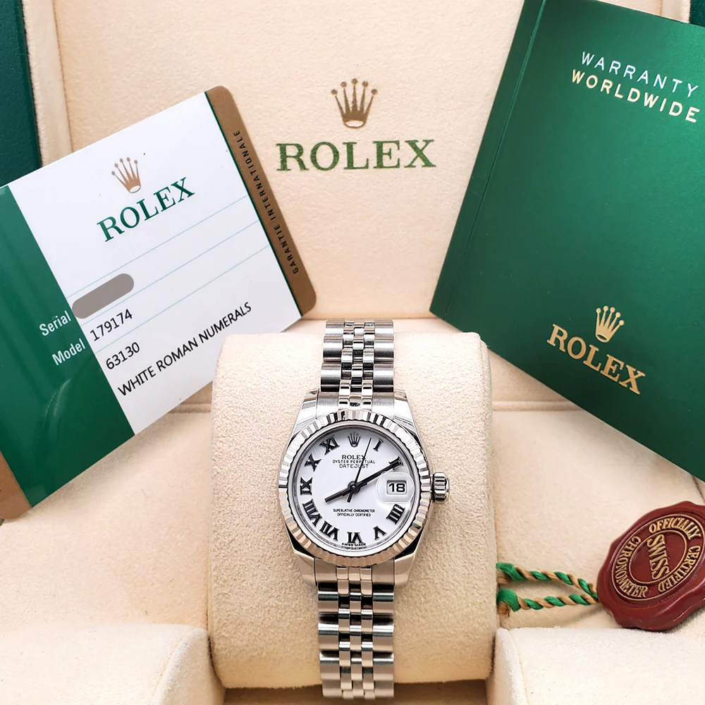 Rolex Datejust 26mm White Roman White Gold Fluted Bezel Steel Jubilee Watch 179174 Box/Papers/Tag - Image 3