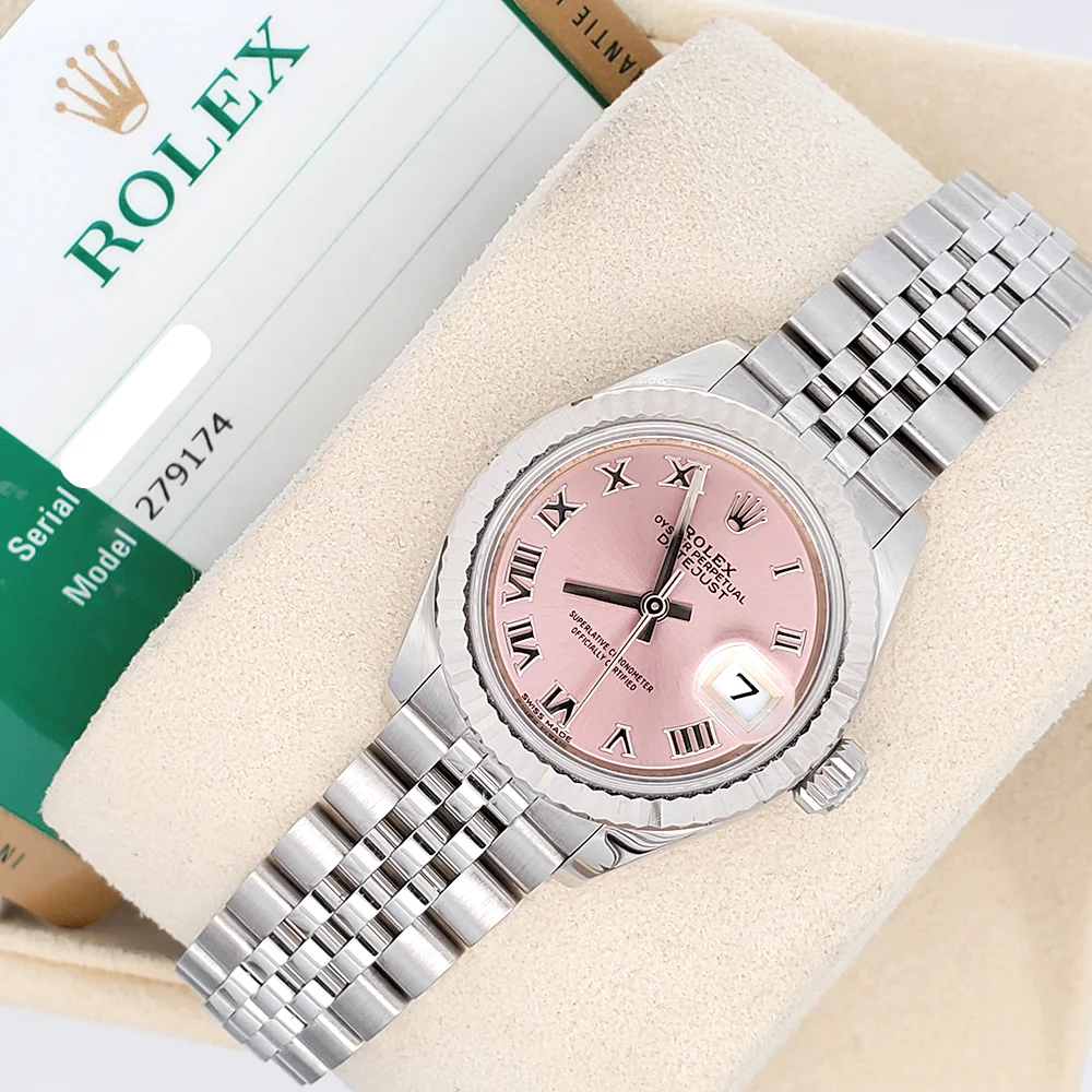 Rolex Datejust 28mm White Gold Bezel Pink Roman Dial Ladies Steel Jubilee Watch 279174 Box Papers - Image 4