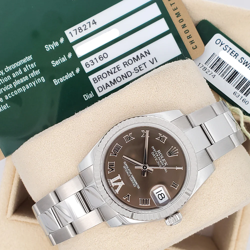 Rolex Datejust 31mm 178274 Diamond Set IV Bronze Roman Fluted Bezel Steel Oyster Watch Box Papers - Image 4