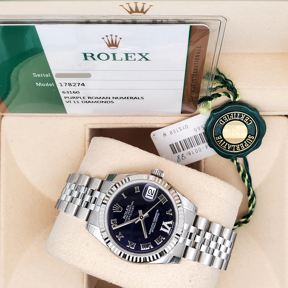 Unworn Rolex Datejust 31mm 178274 Purple Roman Dial 18k Fluted Bezel Steel Jubilee Watch Box Papers - Image 2
