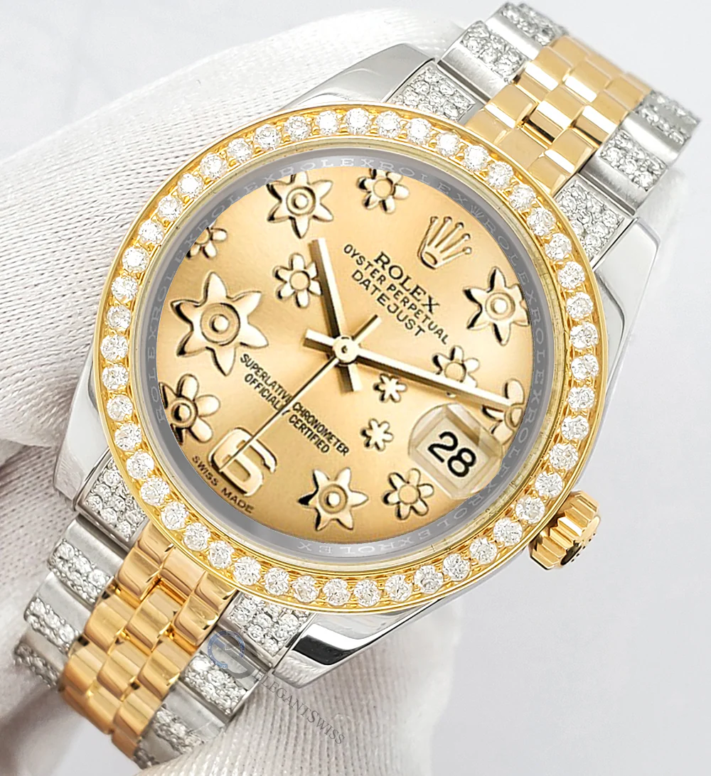 Rolex Datejust 31mm 2-Tone 178273 Champagne Floral Dial 3.56ct Diamond Bezel/Bracelet Watch