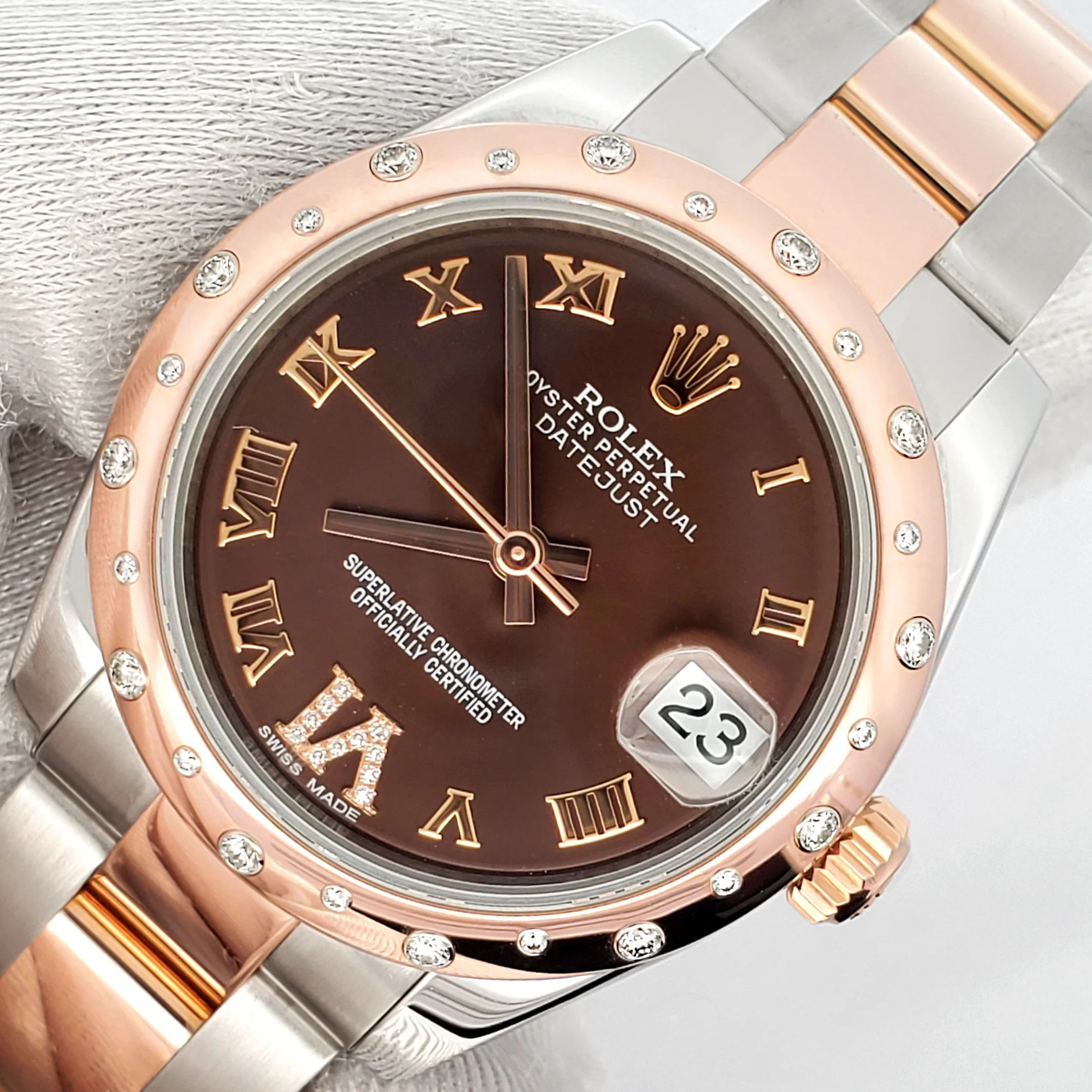 Rolex Datejust 31mm 2-tone Rose Gold/Steel Factory Scattered Diamond Bezel Chocolate VI Roman Watch 178341