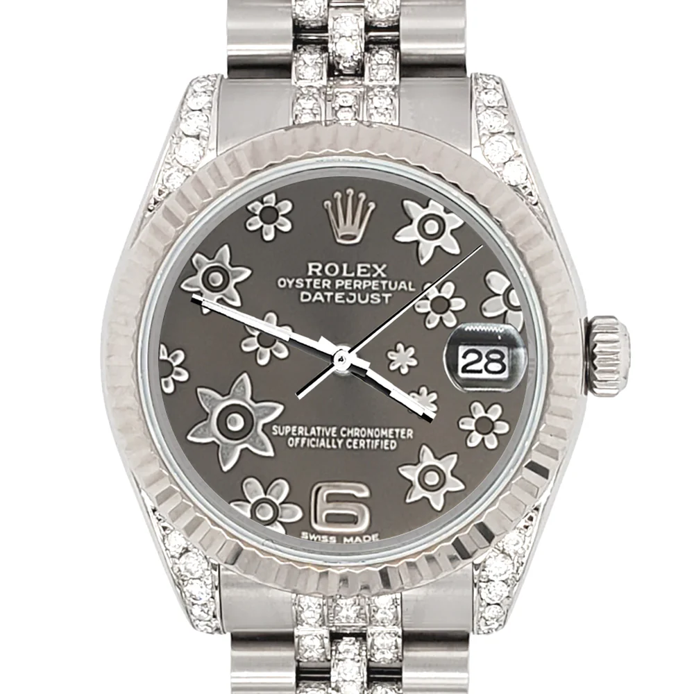 Rolex Datejust 31mm 3ct Diamonds Lugs/Bracelet/Gray Floral Dial Steel 178274 Watch