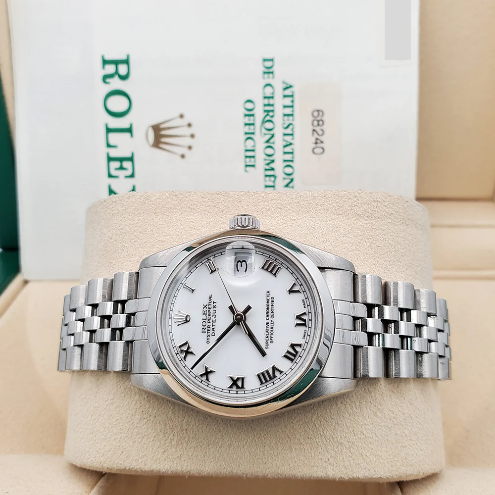 Rolex Datejust 31mm 68240 White Roman Dial Smooth Bezel Steel Jubilee Watch Box Papers