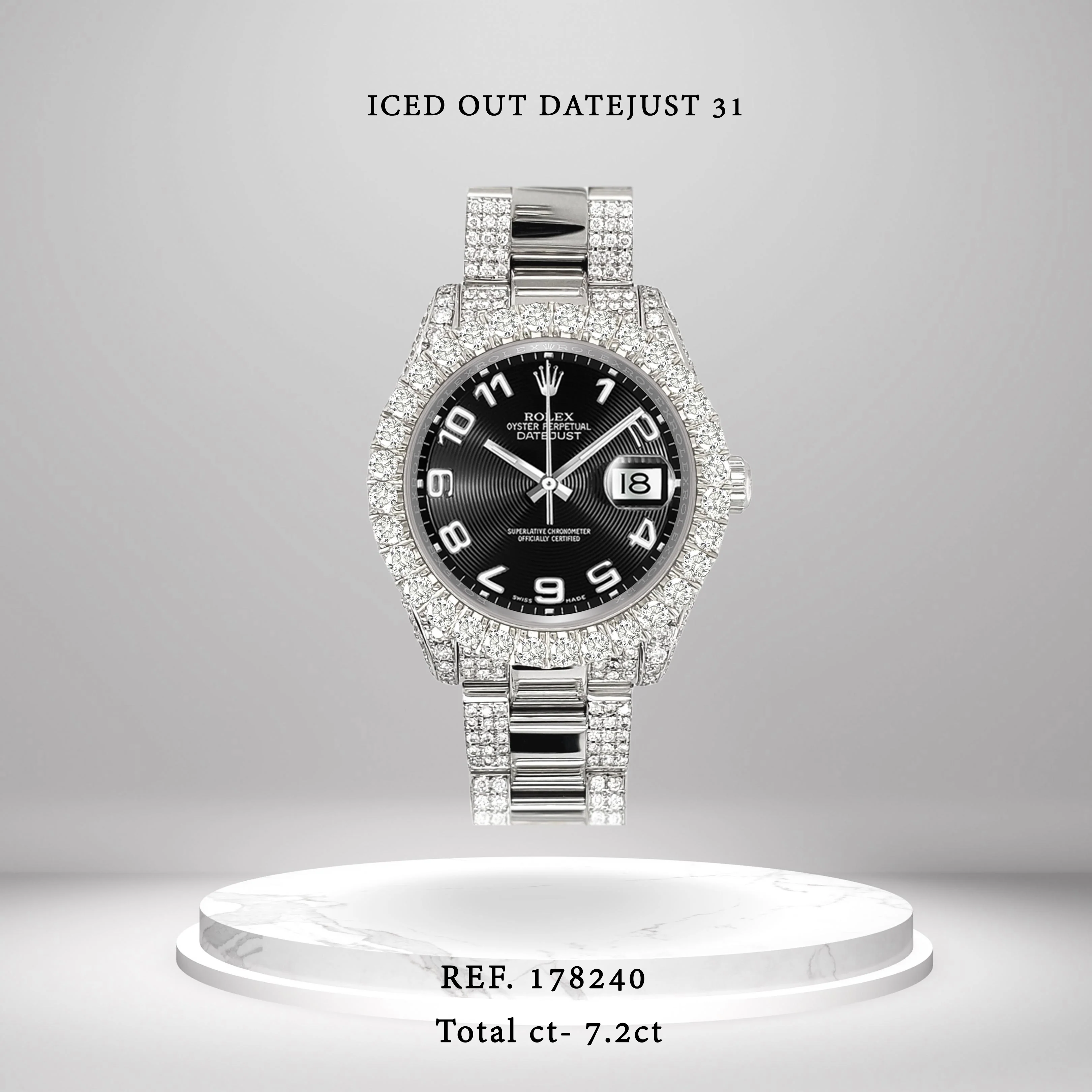 Rolex Datejust 31mm Black Concentric Arabic Dial Pave 7.2ct Iced Diamond Watch 178240 - Image 2