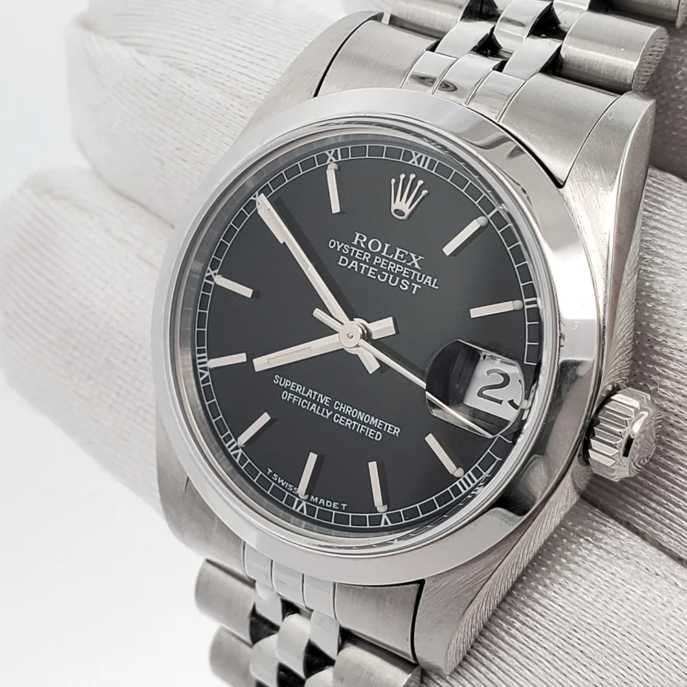 Rolex Datejust 31mm Black Dial Smooth Bezel Steel Jubilee Watch 68240 Box Papers