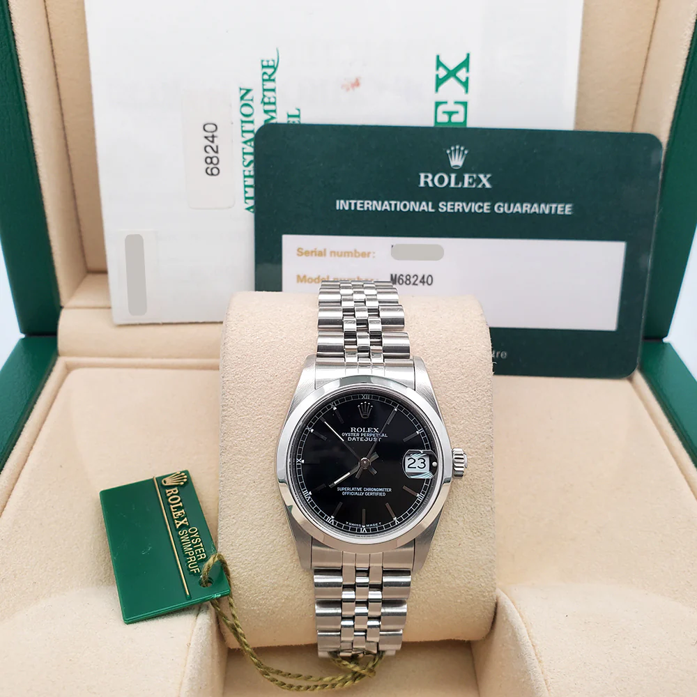 Rolex Datejust 31mm Black Dial Smooth Bezel Steel Jubilee Watch 68240 Box Papers - Image 2