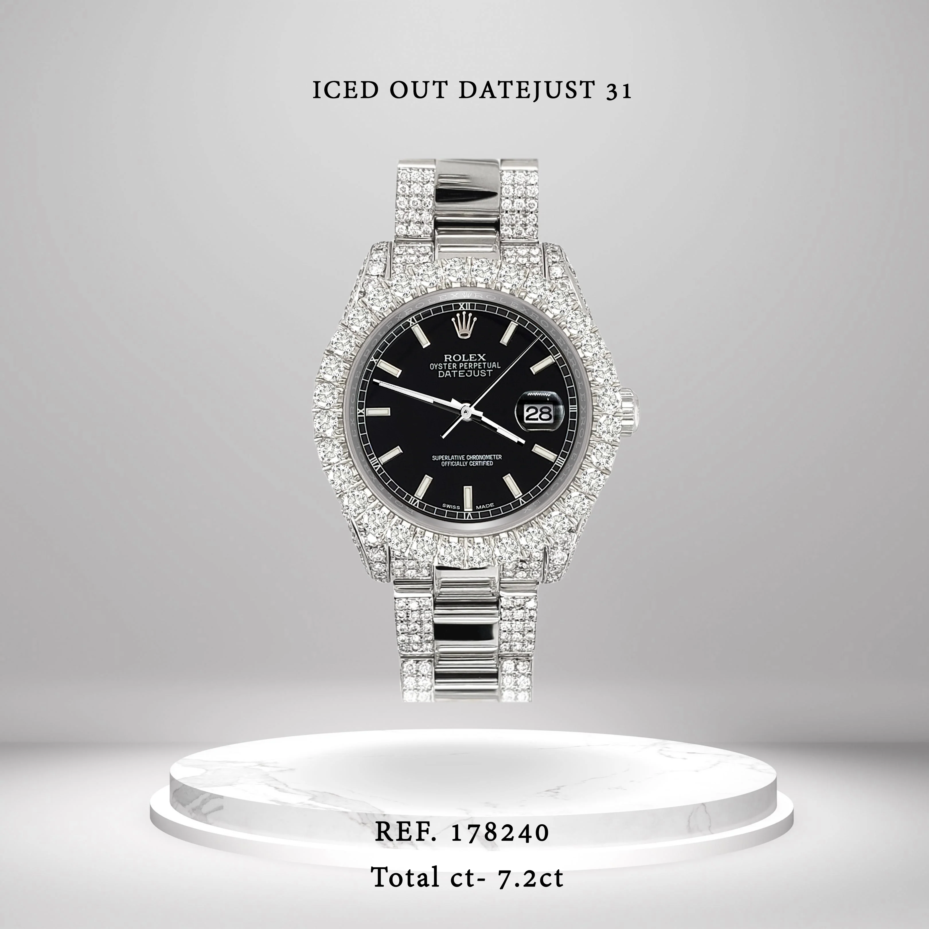 Rolex Datejust 31mm Black Index Dial Pave 7.2ct Iced Diamond Watch 178240 - Image 2