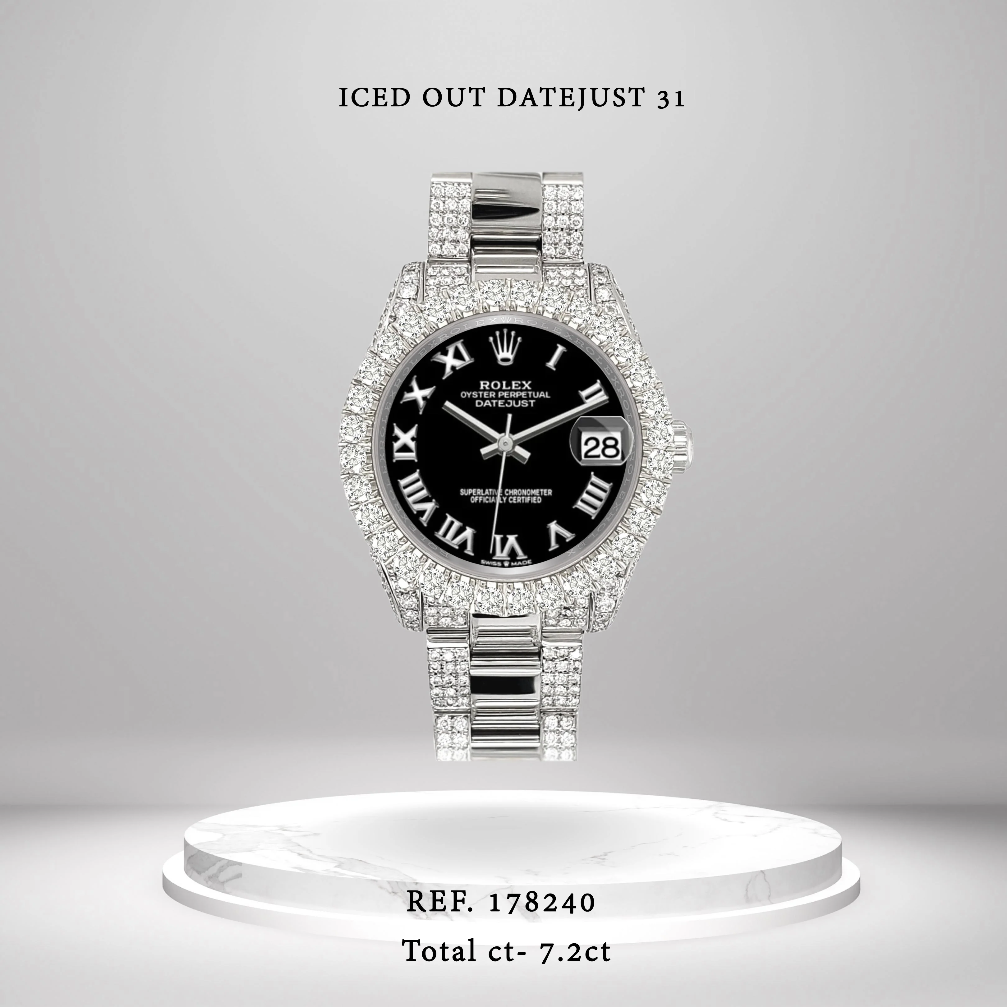 Rolex Datejust 31mm Black Roman Pave 7.2ct Iced Diamond Watch 178240 - Image 2