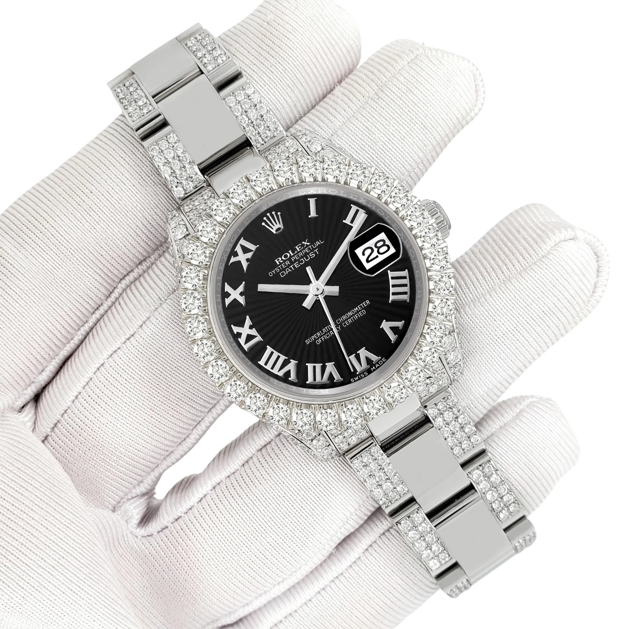 Rolex Datejust 31mm Black Sunbeam Roman Dial Pave 7.2ct Iced Diamond Watch 178240 - Image 3