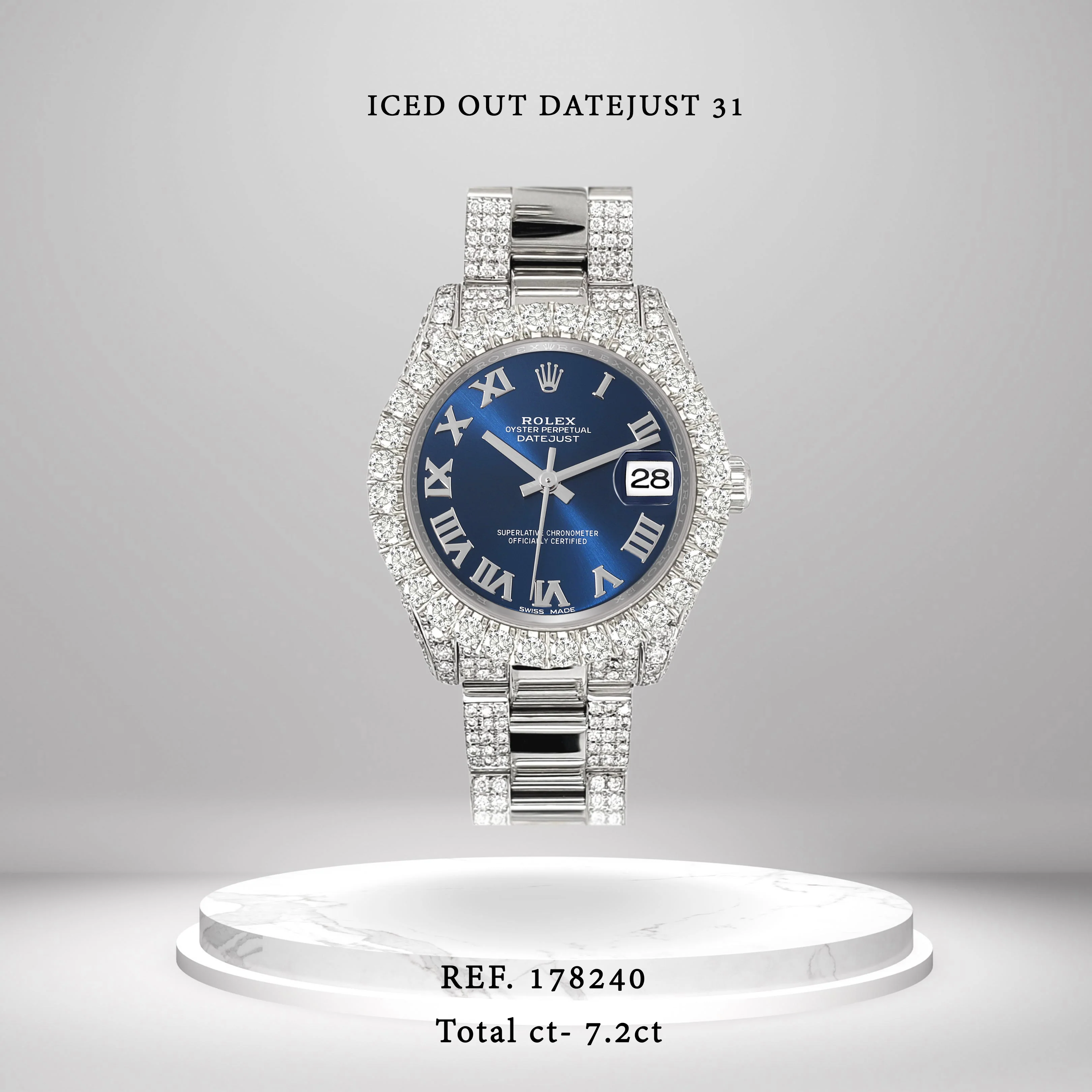 Rolex Datejust 31mm Blue Roman Pave 7.2ct Iced Diamond Watch 178240 - Image 2