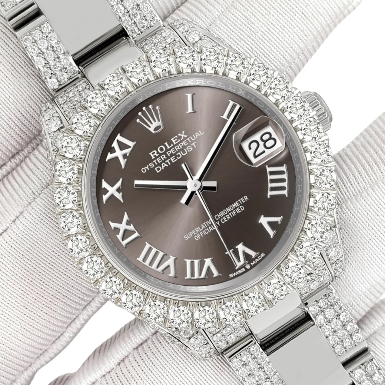 Rolex Datejust 31mm Dark Grey Roman Pave 7.2ct Iced Diamond Watch 178240