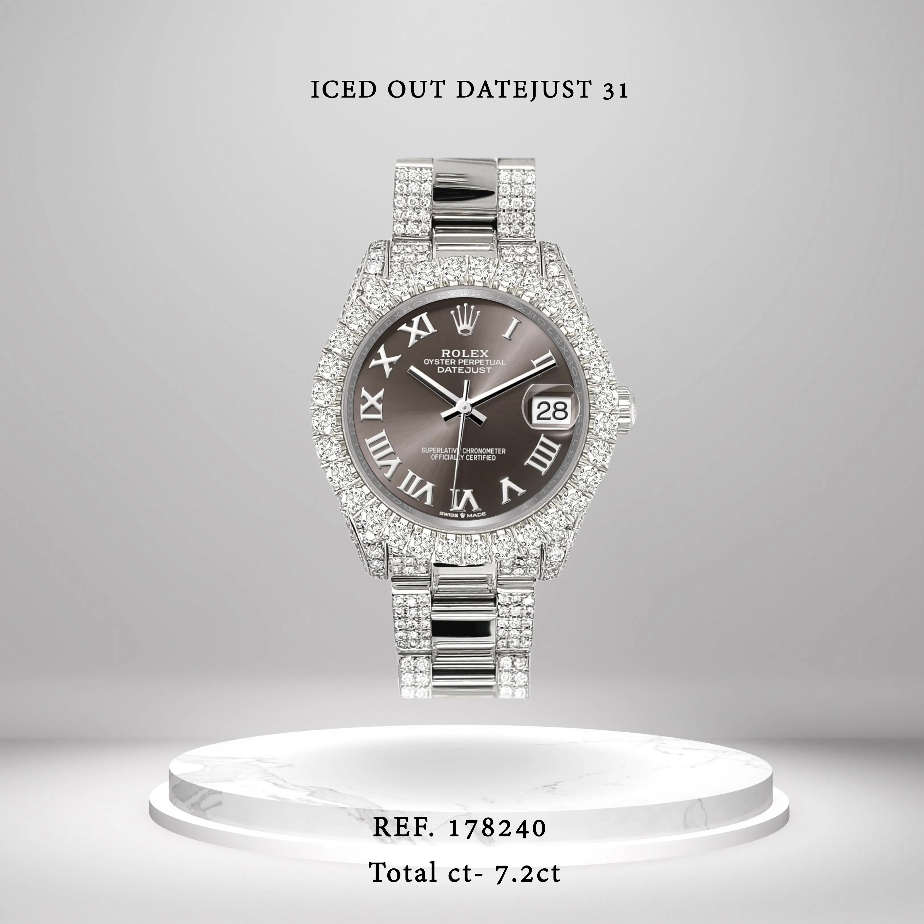 Rolex Datejust 31mm Dark Grey Roman Pave 7.2ct Iced Diamond Watch 178240 - Image 2