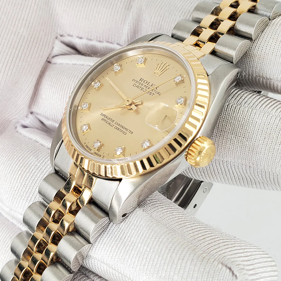 Rolex Datejust 31MM Factory Champagne Diamond Dial Yellow Gold Fluted Bezel Watch 68273 - Image 2