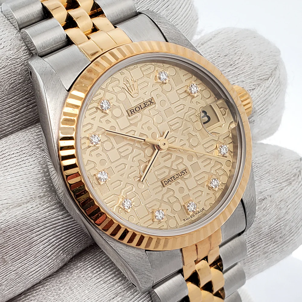 Rolex Datejust 31mm Factory Champagne Jubilee Diamond Dial Yellow Gold Fluted Bezel Watch 68273 Box Papers - Image 2