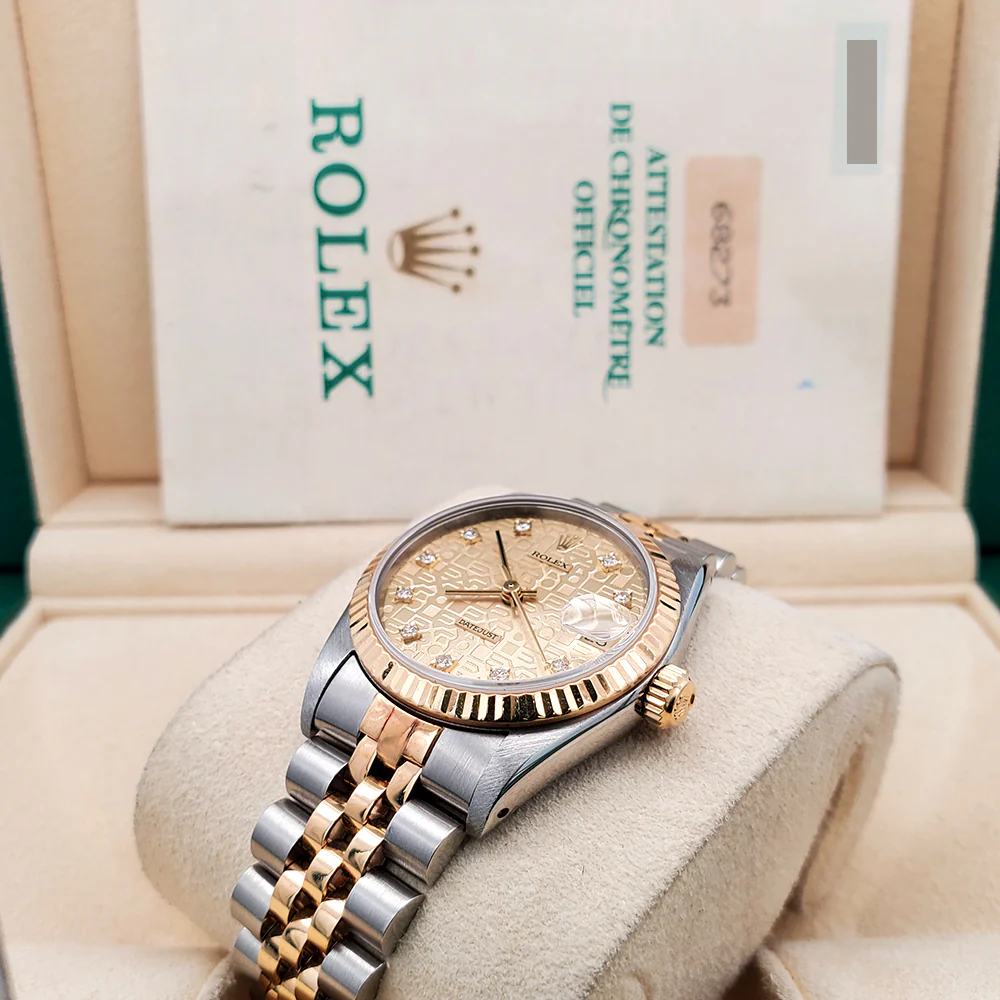 Rolex Datejust 31mm Factory Champagne Jubilee Diamond Dial Yellow Gold Fluted Bezel Watch 68273 Box Papers - Image 4
