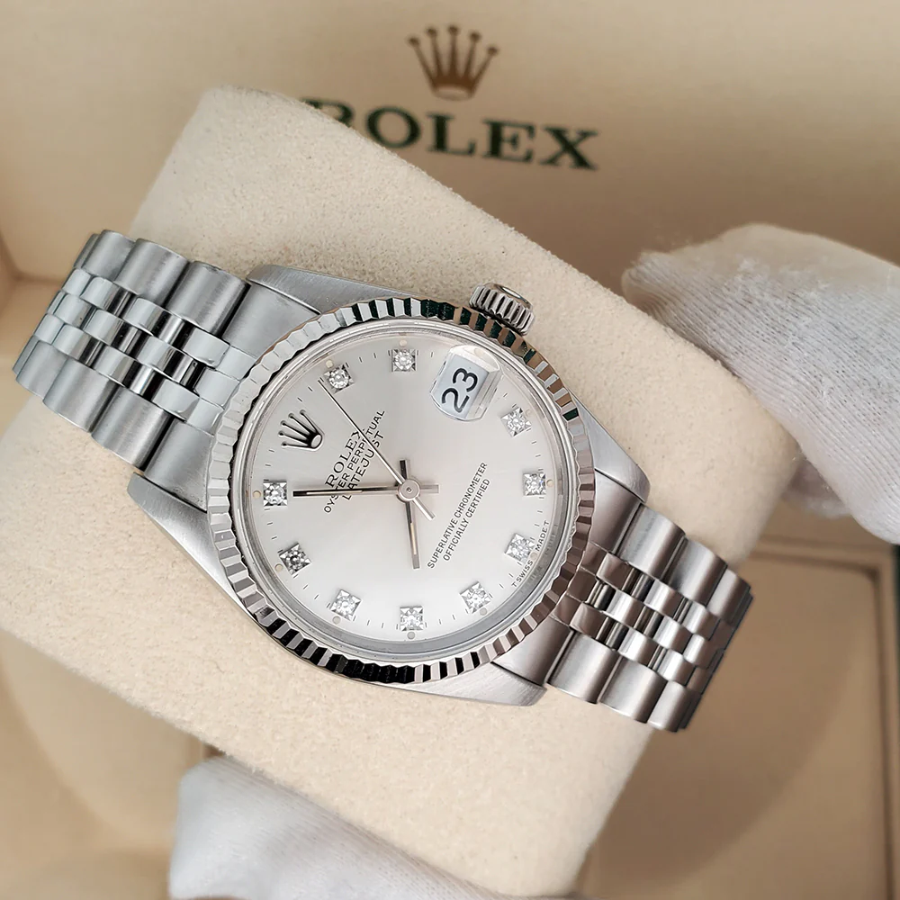 Rolex Datejust 31mm Factory Silver Diamond Dial White Gold Fluted Steel Jubilee Watch 68274 - Image 3