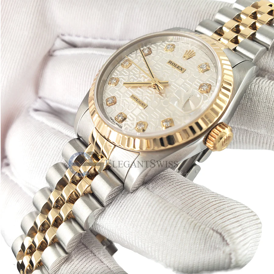 Rolex Datejust 31MM Factory Silver Jubilee Diamond Dial Yellow Gold Fluted Bezel Watch 68273 - Image 2