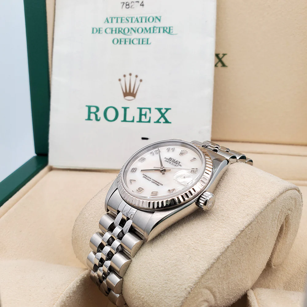Rolex Datejust 31mm Factory White MOP Arabic Dial White Gold Fluted Bezel Steel Watch 78274 Box Papers - Image 3