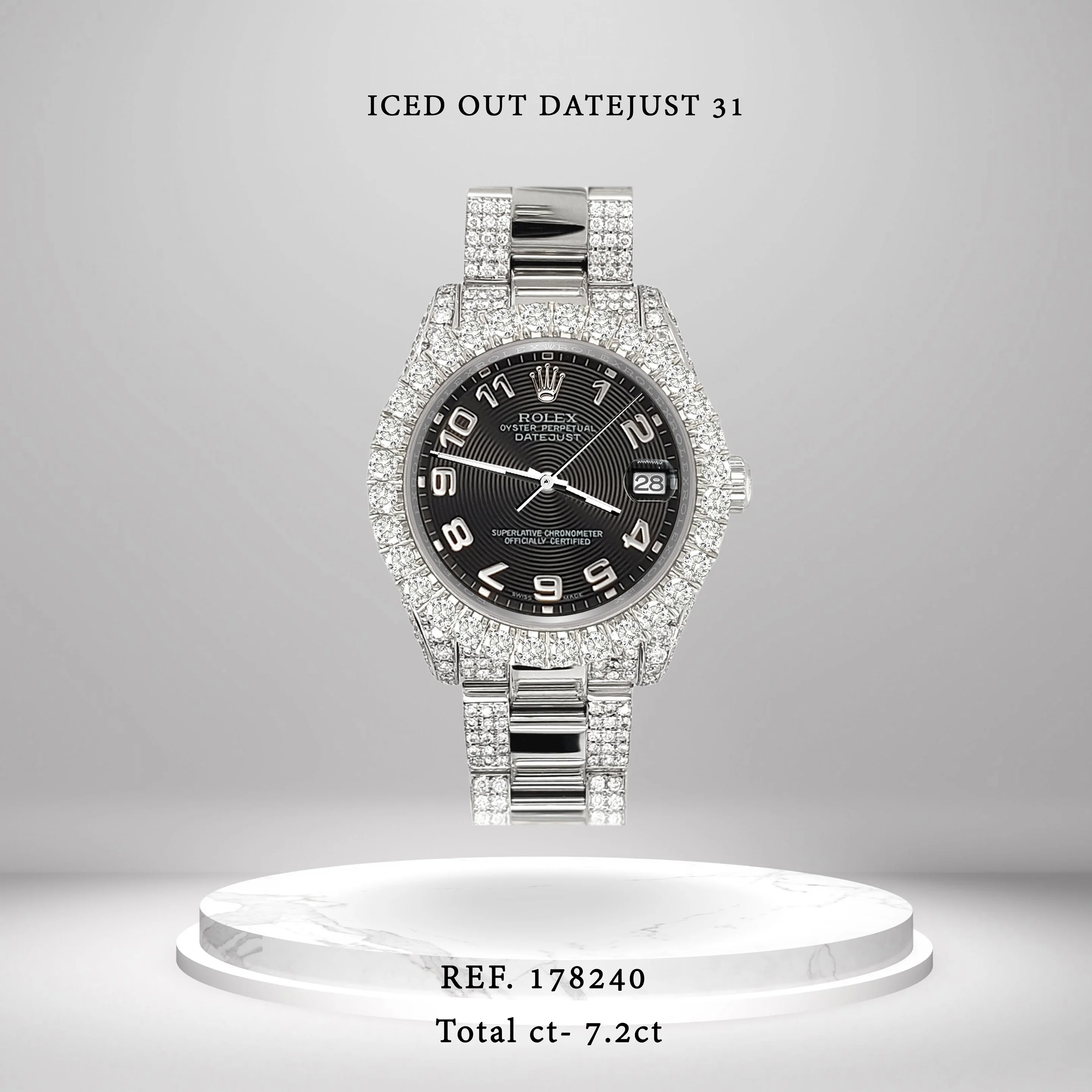 Rolex Datejust 31mm Pave 7.2ct Iced Diamond Black Concentric Dial 178240 Watch - Image 3