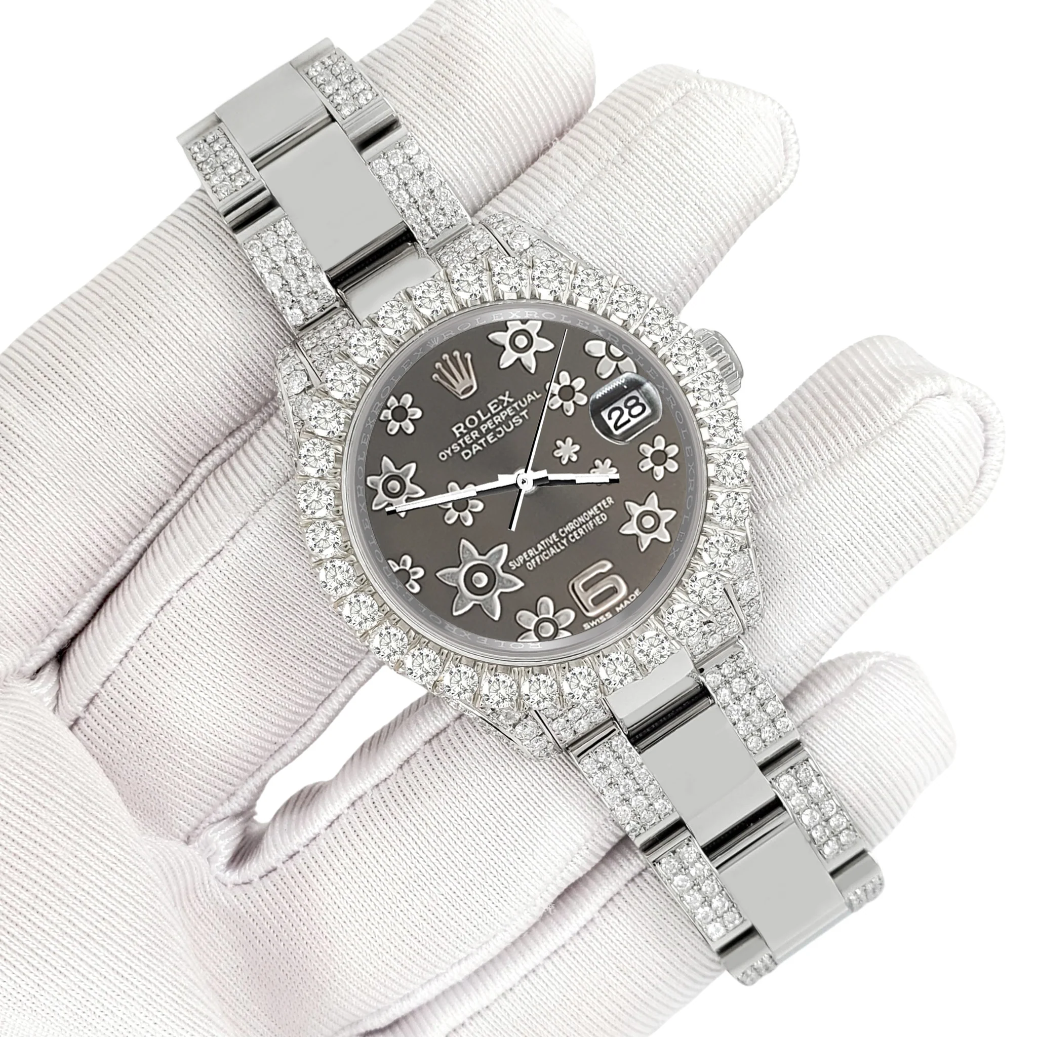 Rolex Datejust 31mm Pave 7.2ct Iced Diamond Gray Floral Dial Watch 178240 - Image 3