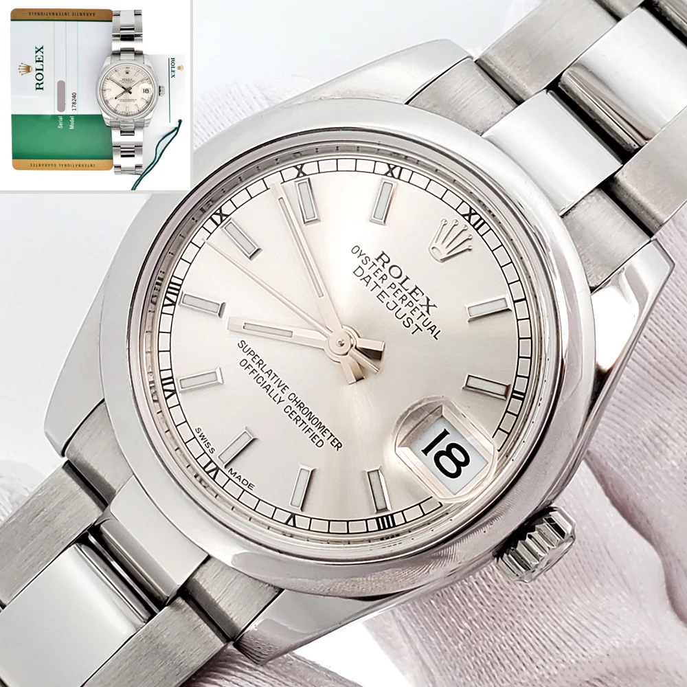 Rolex Datejust 31mm Silver Index Domed Bezel Steel Watch 178240 Papers/Tag