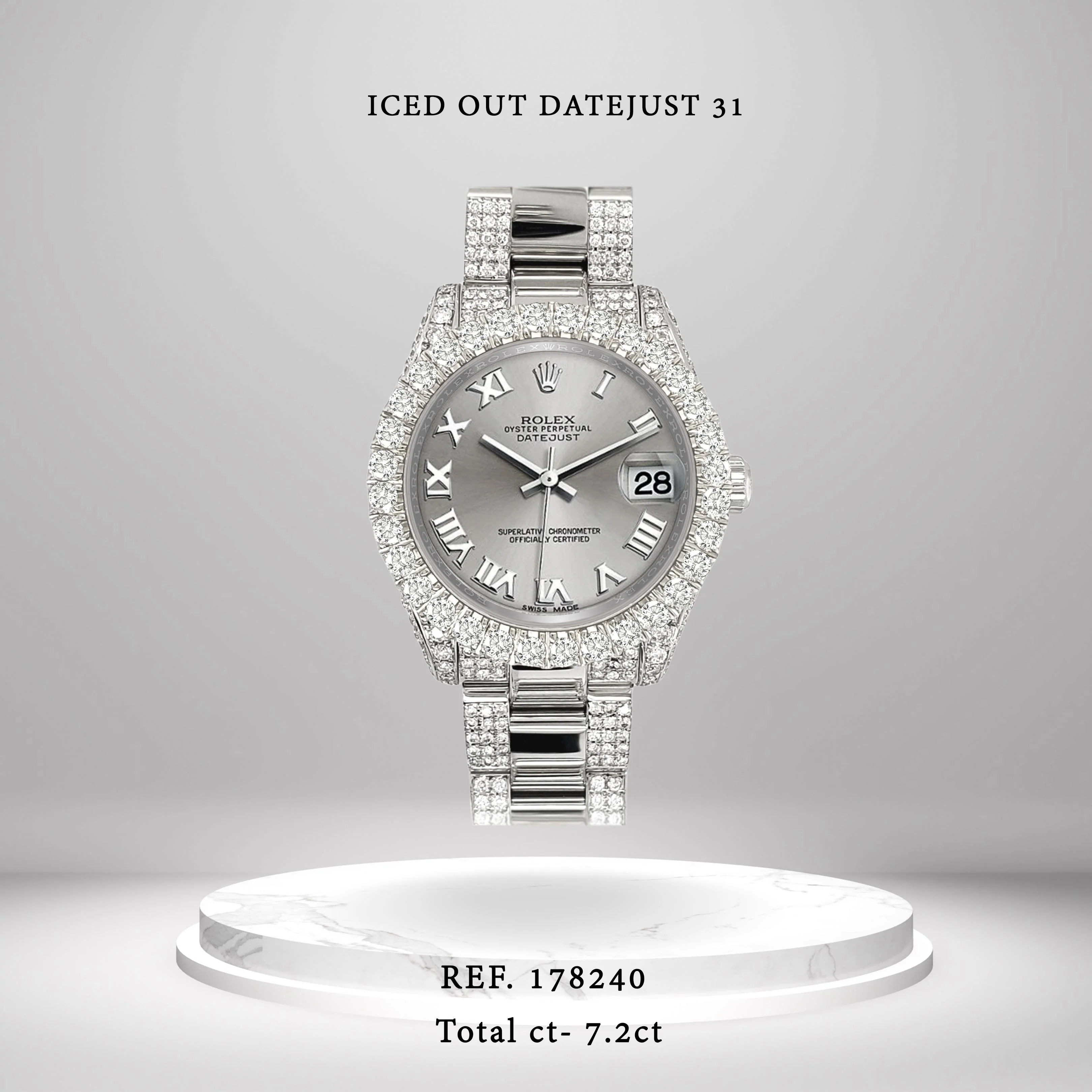 Rolex Datejust 31mm Silver Roman Pave 7.2ct Iced Diamond Watch 178240 - Image 2