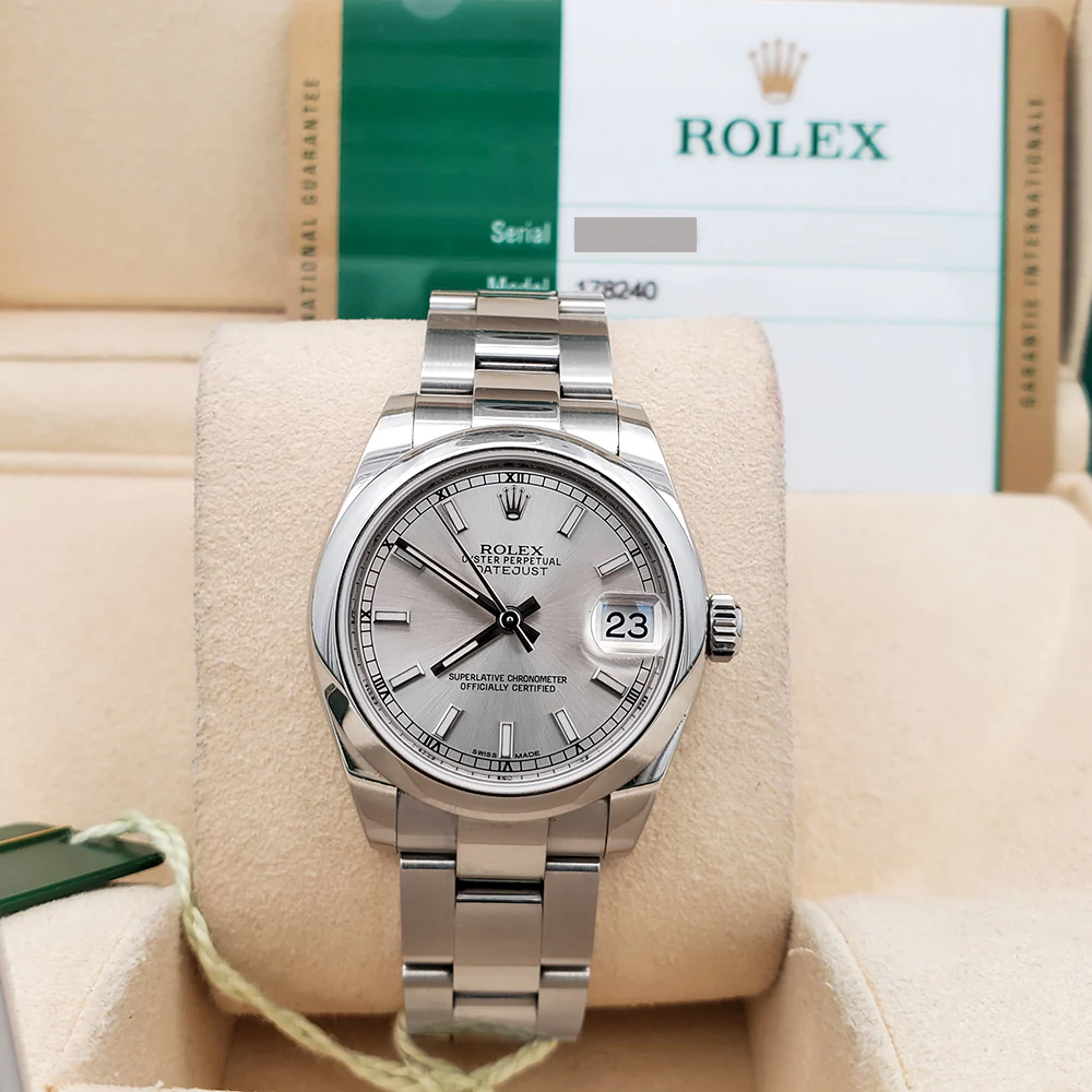 Rolex Datejust 31mm Silver Stick Dial Domed Bezel Steel Watch 178240 Box Papers - Image 3