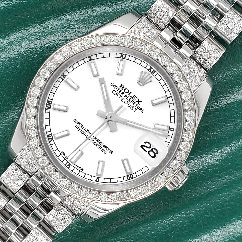 Rolex Datejust 31mm White Index Dial 3.30ct Diamond Bezel/Bracelet Steel Watch 178240