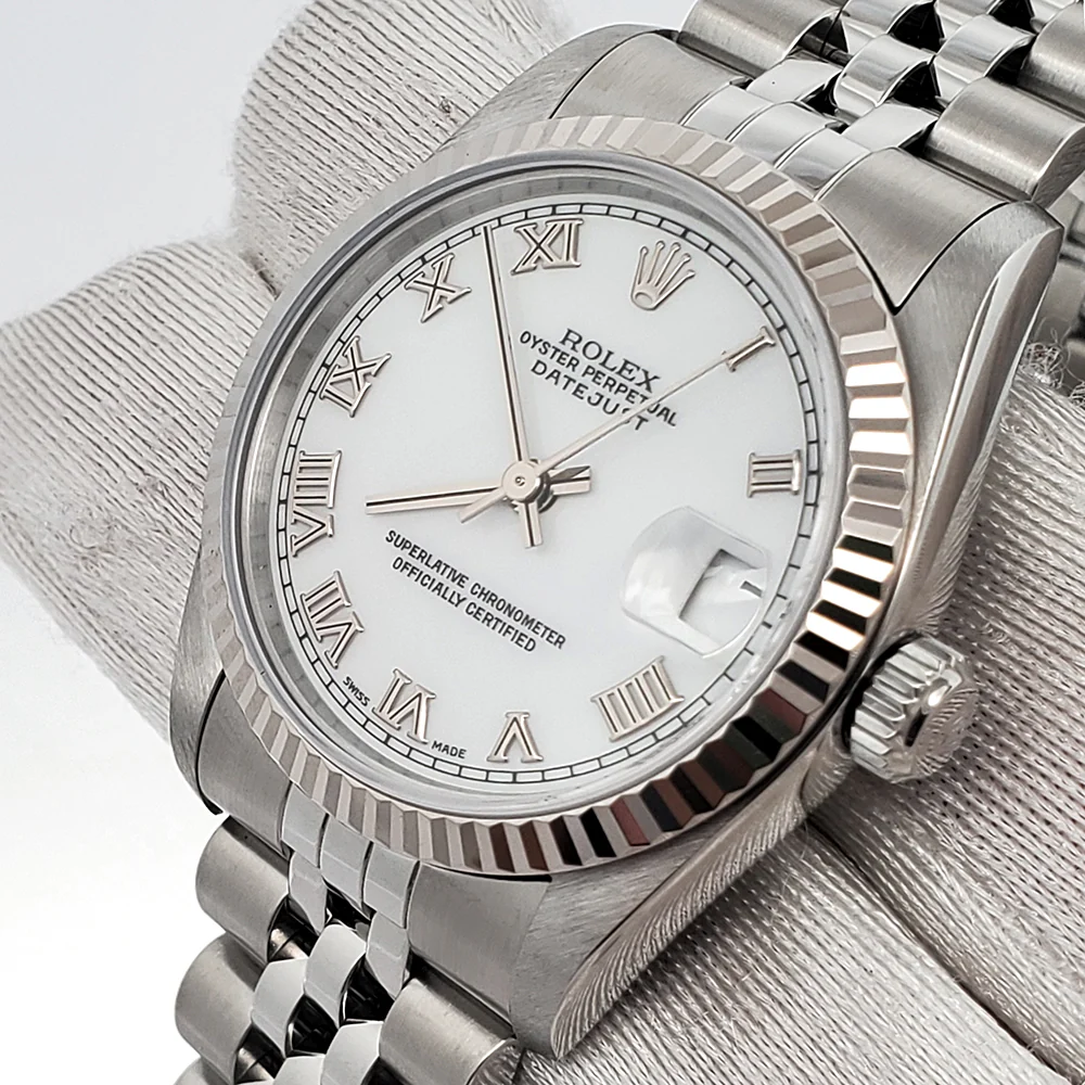 Rolex Datejust 31mm White Roman Dial Fluted bezel Jubilee Steel Watch 68274 Box Papers