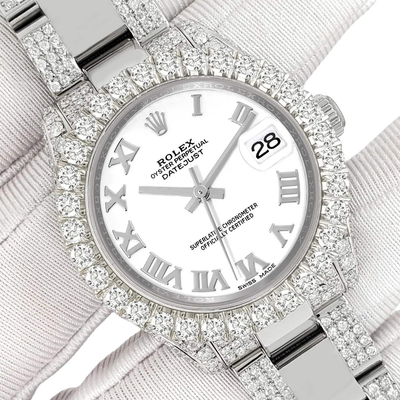 Rolex Datejust 31mm White Roman Dial Pave 7.2ct Iced Diamond Watch 178240