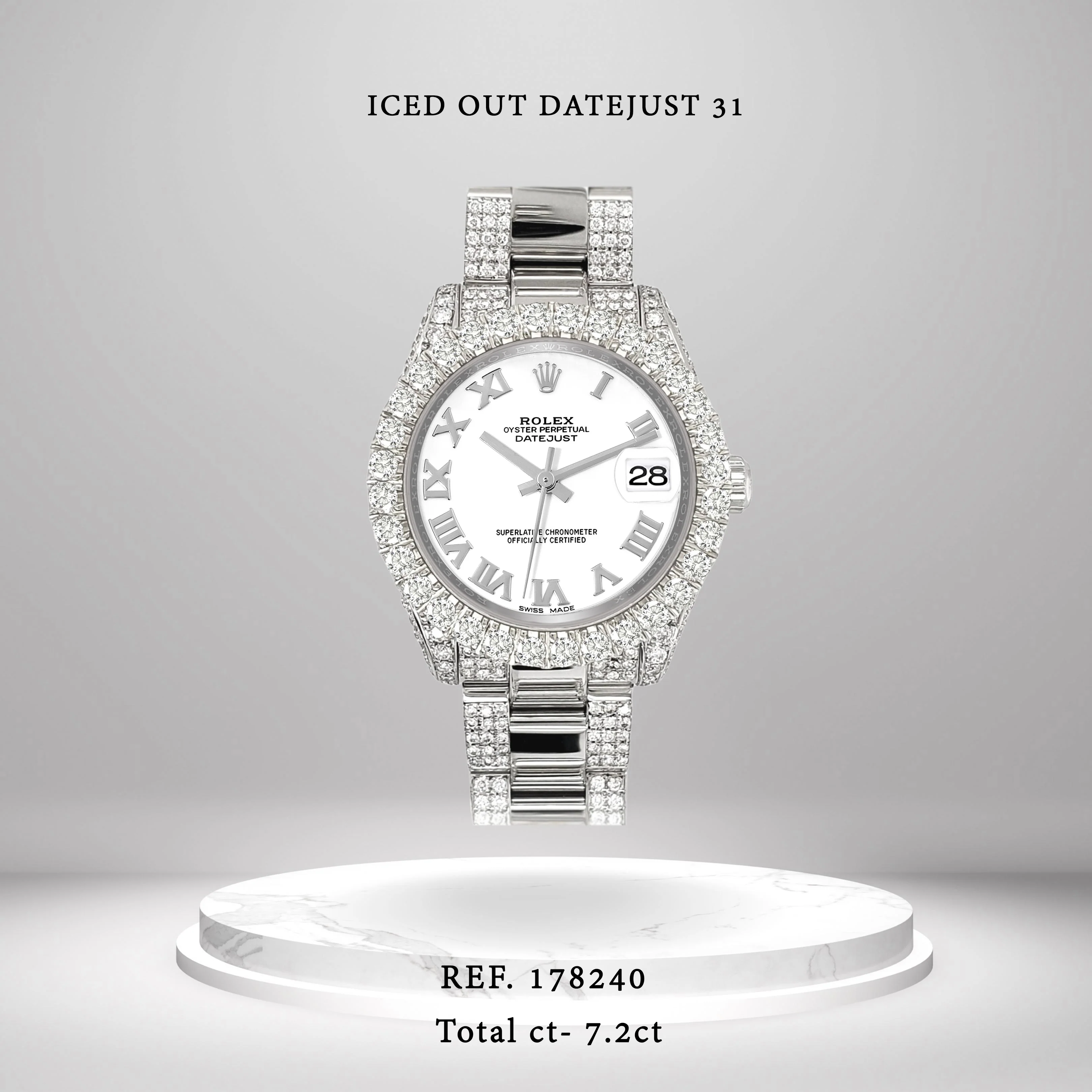 Rolex Datejust 31mm White Roman Dial Pave 7.2ct Iced Diamond Watch 178240 - Image 2