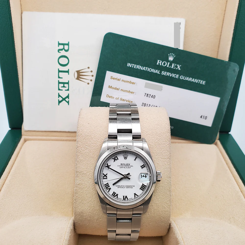 Rolex Datejust 31mm White Roman Dial Smooth Bezel Stainless Steel Watch 78240 Box Papers - Image 3