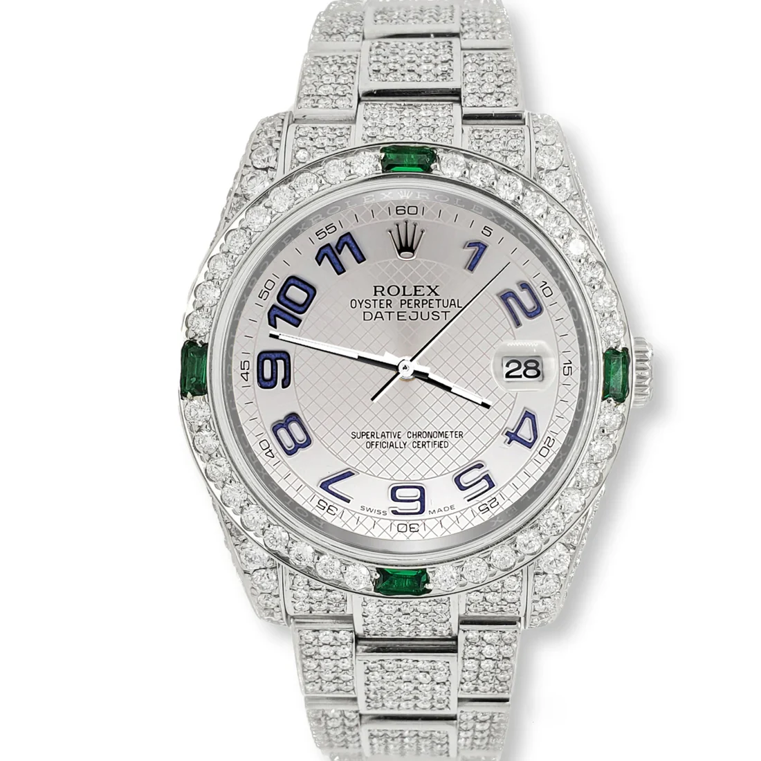 Rolex Datejust 36mm 116200 12.4CT Diamond Emeralds Bezel/Case/Bracelet/Silver Decorated Blue Arabic Dial Steel Watch Box Papers - Image 2