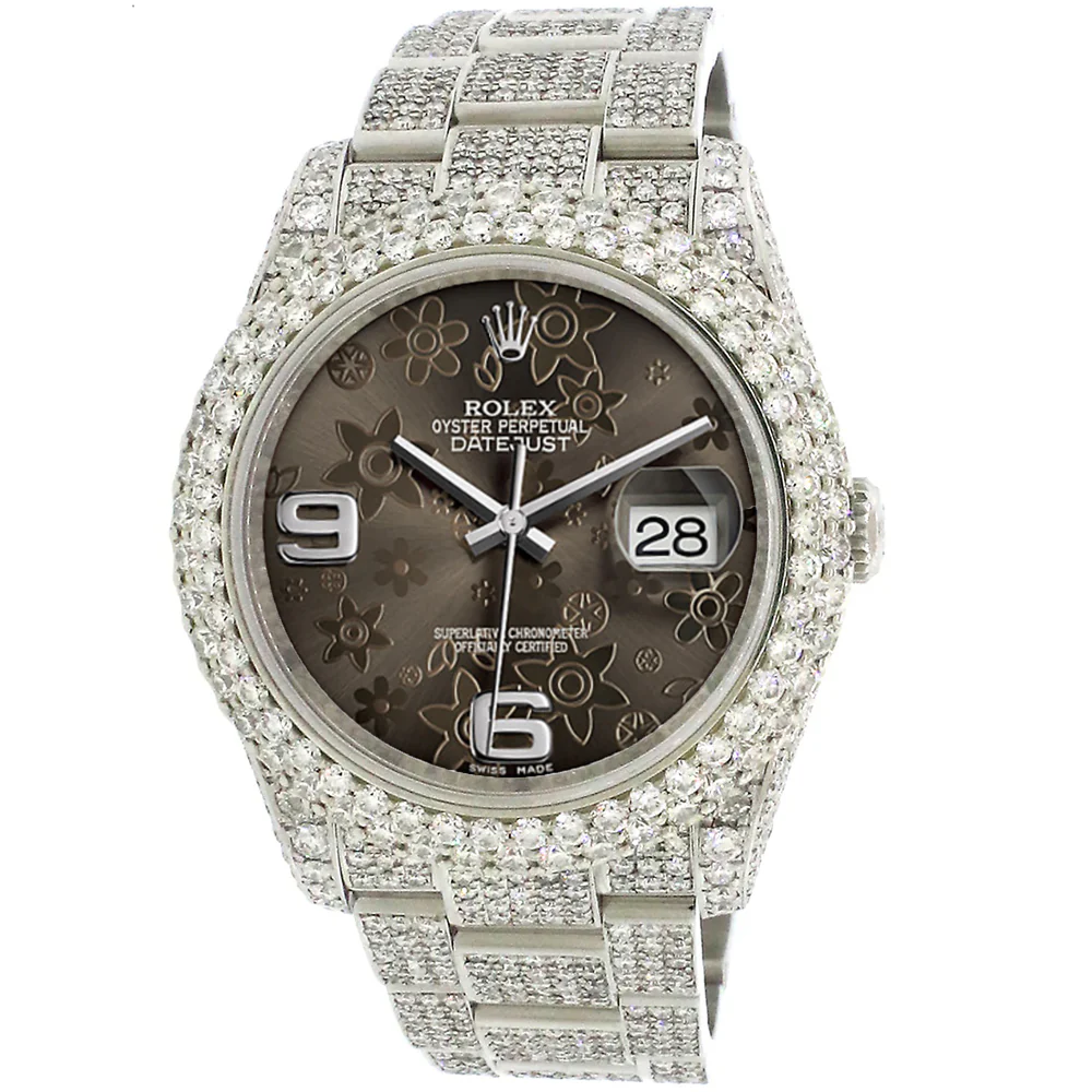 Rolex Datejust 36mm 116200 Pave 16.9CT Diamond Bezel/Case/Bracelet/Rhodium Floral Dial Watch Box Papers - Image 2