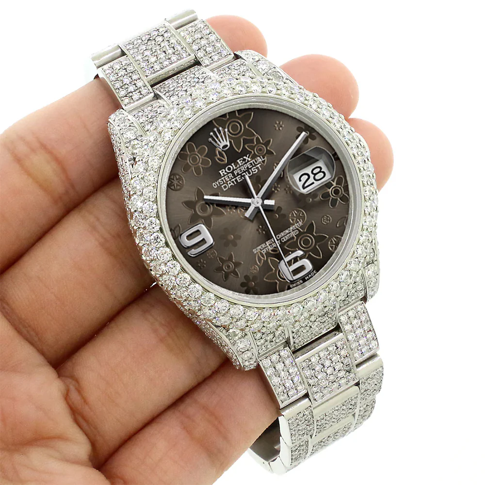 Rolex Datejust 36mm 116200 Pave 16.9CT Diamond Bezel/Case/Bracelet/Rhodium Floral Dial Watch Box Papers - Image 3