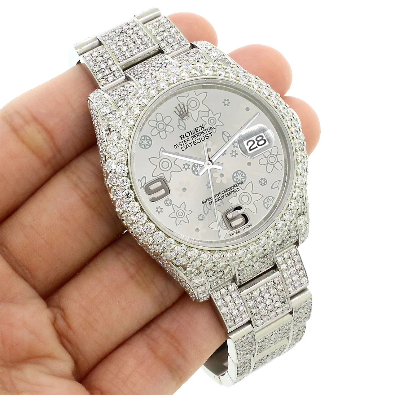 Rolex Datejust 36mm 116200 Pave 16.9CT Diamond Bezel/Case/Bracelet/Silver Flower Dial Watch Box Papers - Image 2