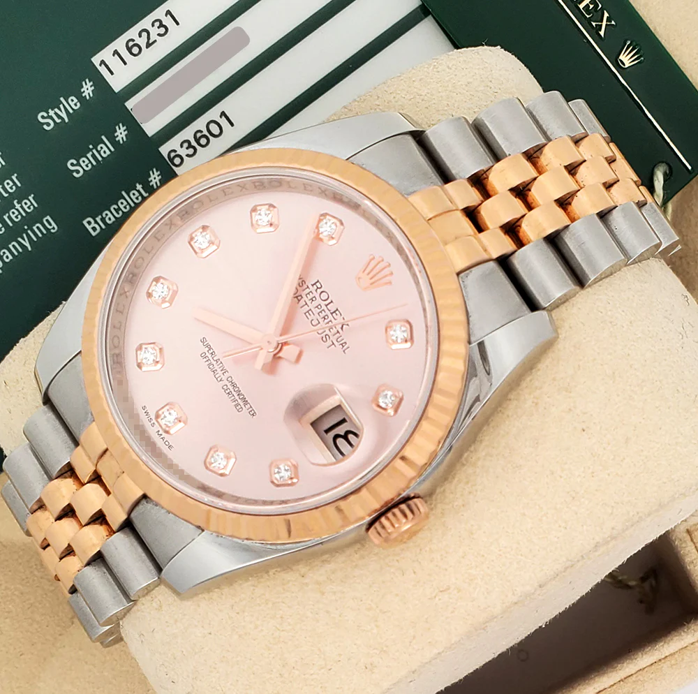 Rolex Datejust 36mm 116231 Factory Pink Diamond Dial 2-Tone Rose Gold Fluted Jubilee Watch Box Papers