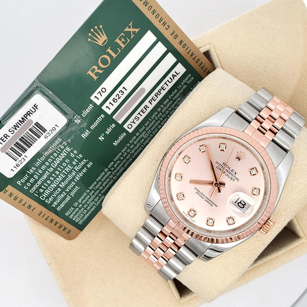Rolex Datejust 36mm 116231 Factory Pink Diamond Dial 2-Tone Rose Gold Fluted Jubilee Watch Box/Papers/Tag - Image 5