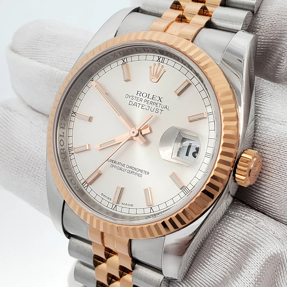 Rolex Datejust 36mm 116231 Silver Index Dial 2-Tone Rose Gold Fluted Jubilee Watch