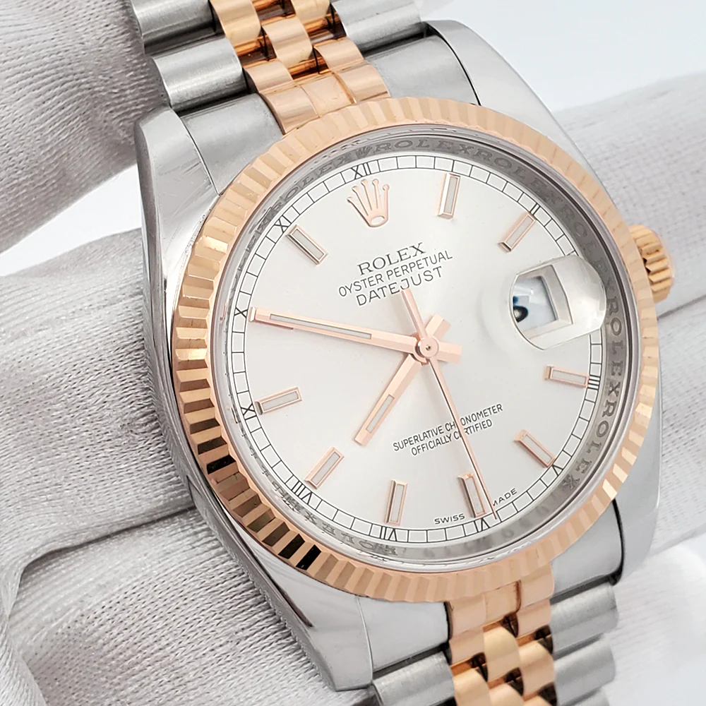 Rolex Datejust 36mm 116231 Silver Index Dial 2-Tone Rose Gold Fluted Jubilee Watch - Image 2