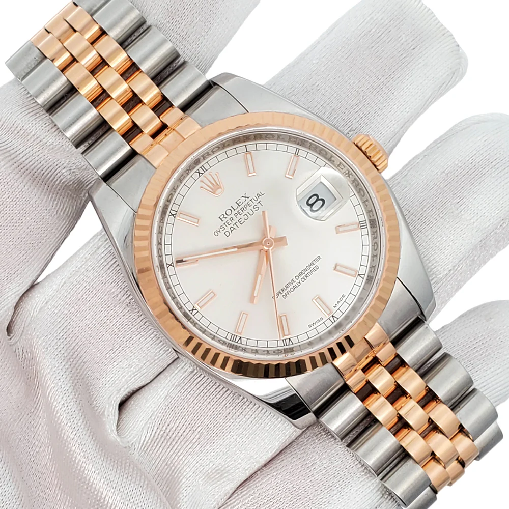 Rolex Datejust 36mm 116231 Silver Index Dial 2-Tone Rose Gold Fluted Jubilee Watch - Image 3