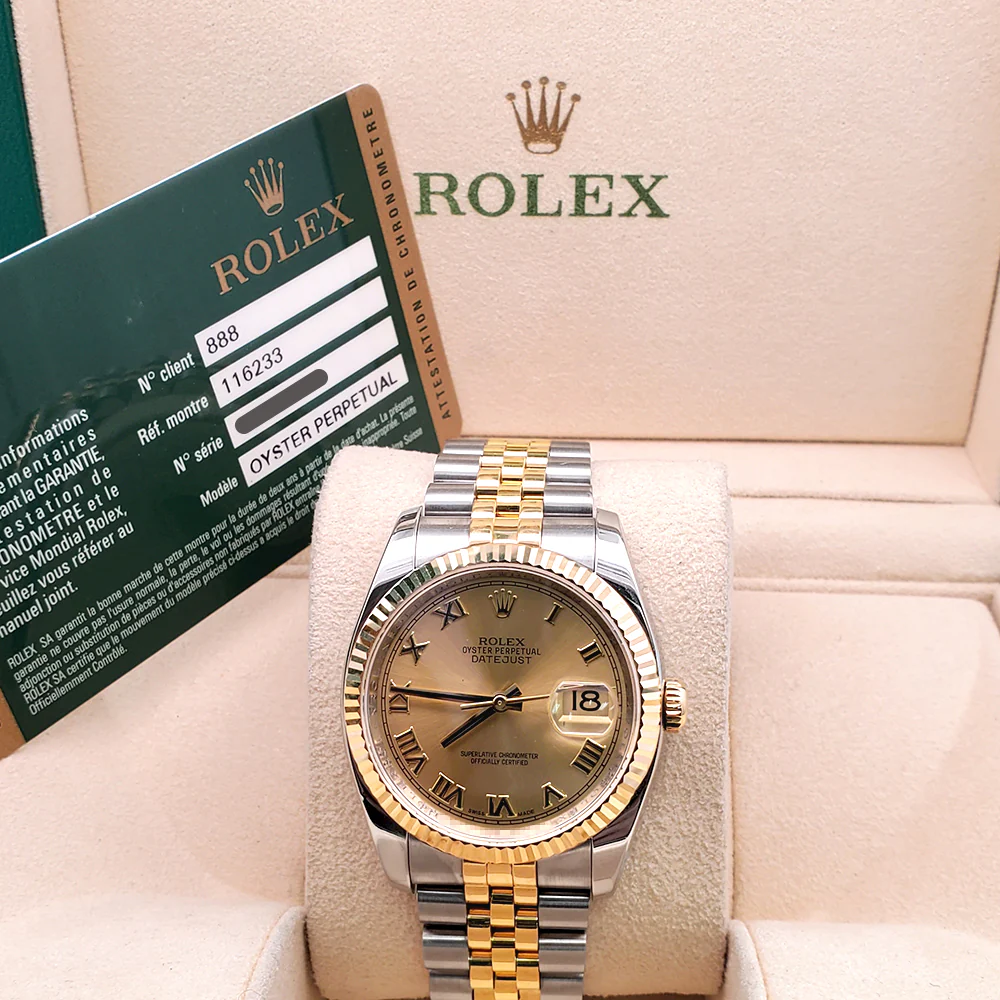 Rolex Datejust 36mm 116233 2-Tone Champagne Roman Dial Jubilee Watch Box Papers - Image 4