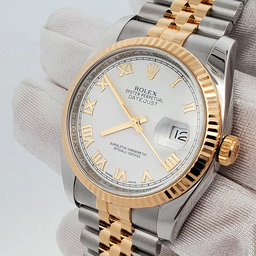 Rolex Datejust 36mm 116233 2-Tone White Roman Dial Jubilee Watch Box Papers