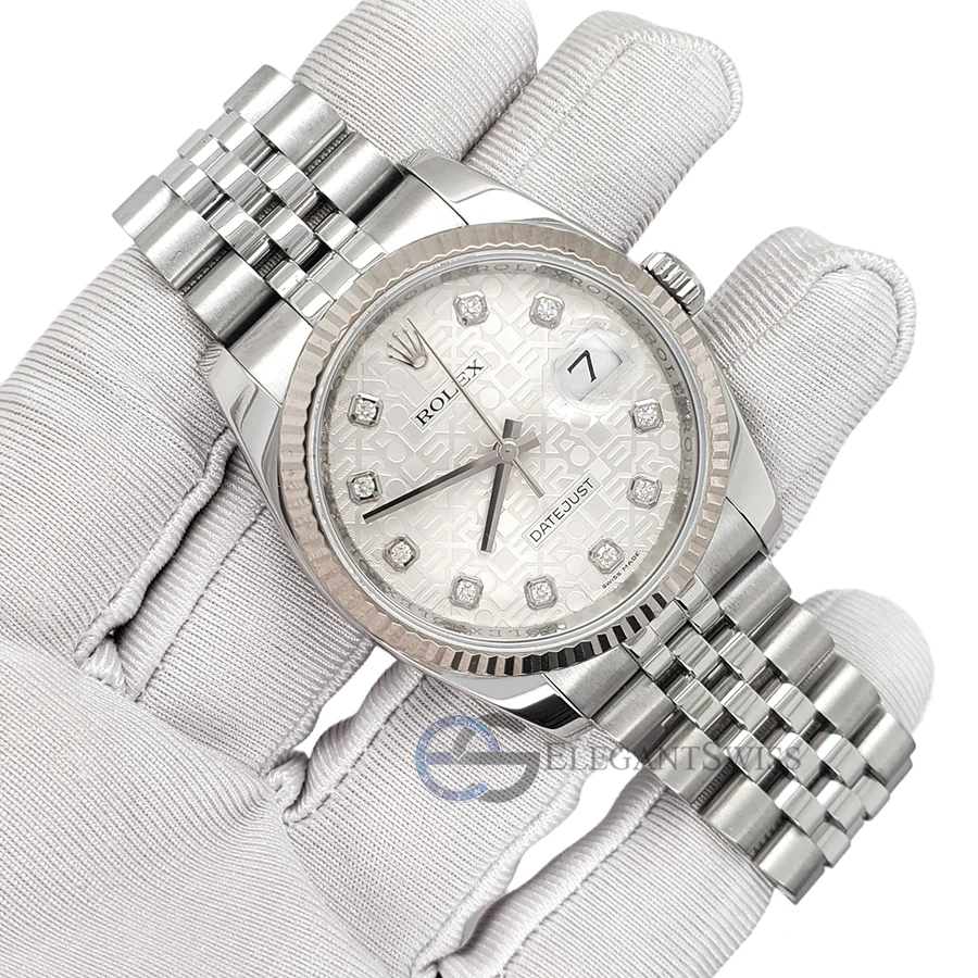 Rolex Datejust 36mm 116234 Factory Silver Jubilee Diamond Dial White Gold Fluted Bezel Jubilee Watch 2017 Box Papers - Image 2