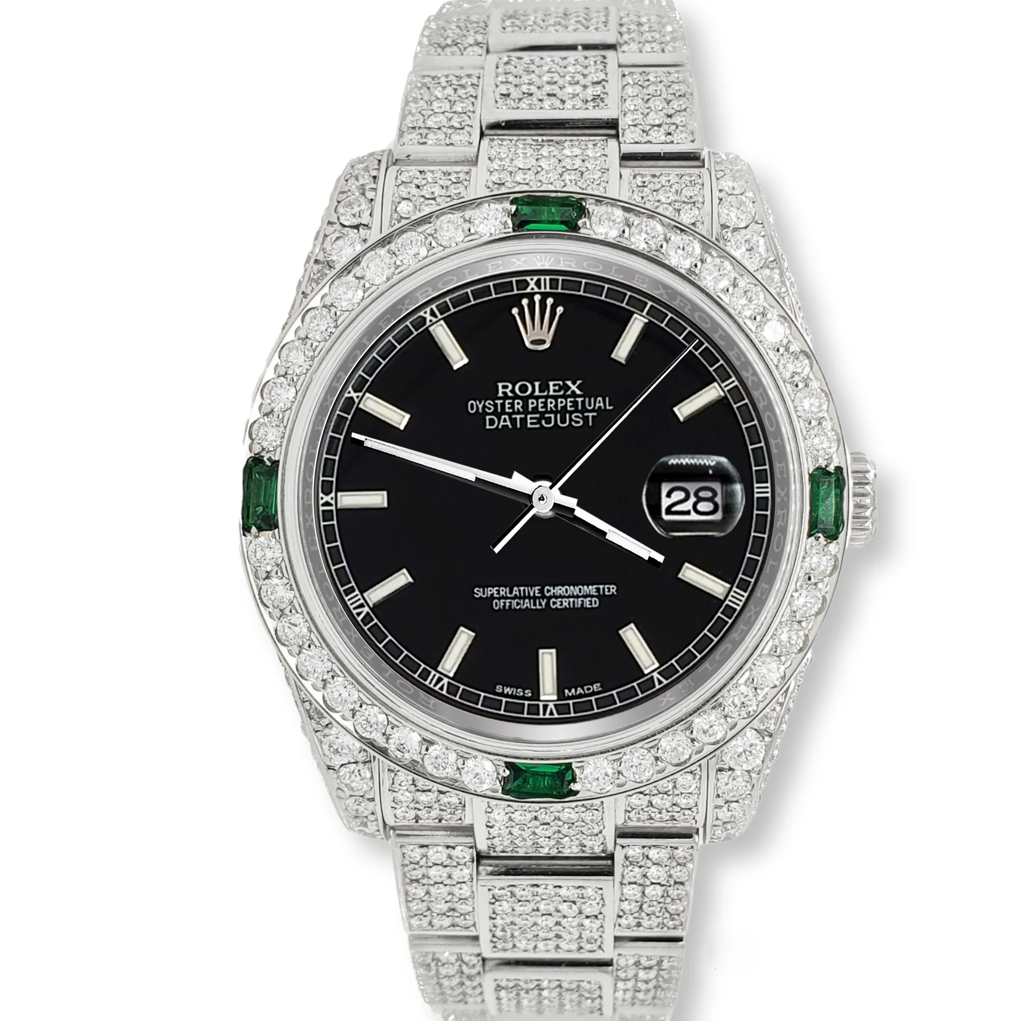 Rolex Datejust 36mm 12.4ct Diamonds Emeralds Bezel/Case/Bracelet Black Index Dial Steel Watch Box Papers