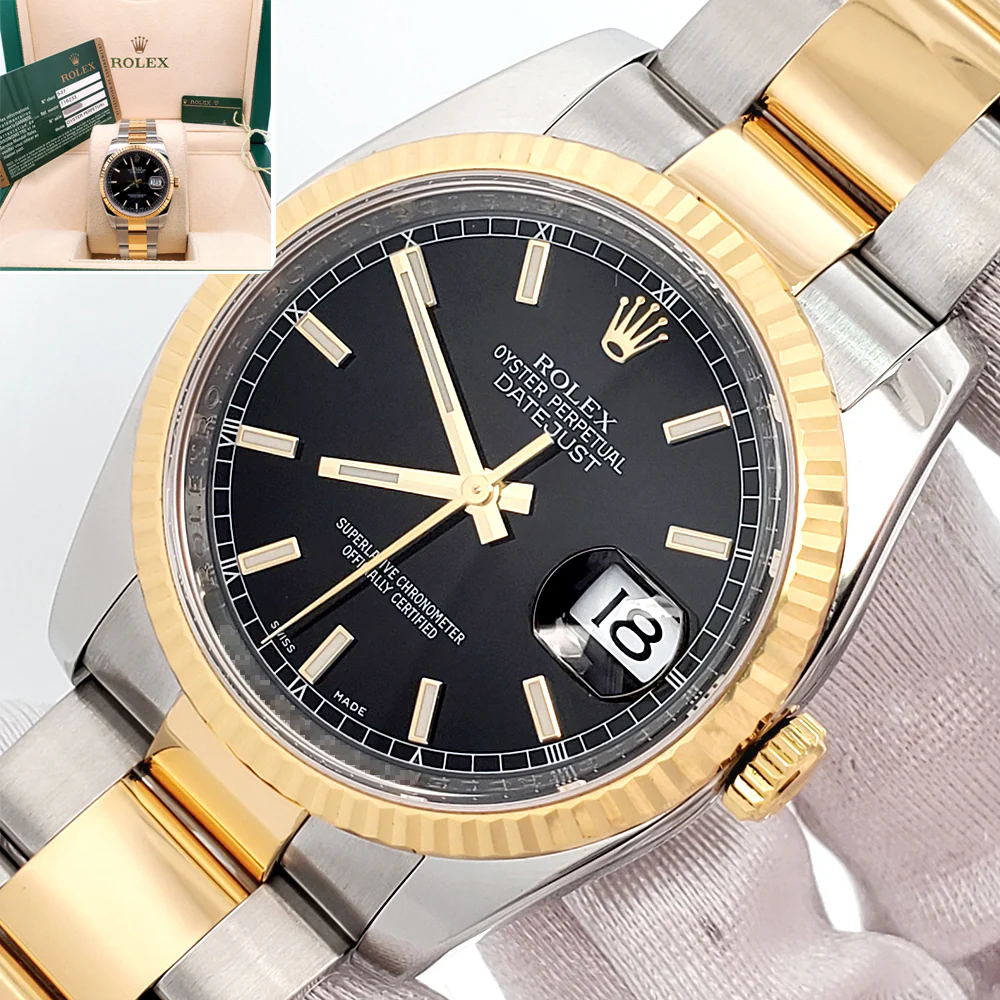 Rolex Datejust 36mm 2-Tone Yellow Gold/Steel Black Index Oyster Watch 116233 Box/Papers/Tag