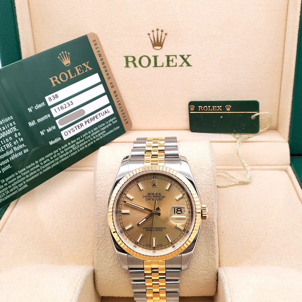 Rolex Datejust 36mm 2-Tone Yellow Gold/Steel Champagne Index Watch 116233 Box/Papers/Tag - Image 4