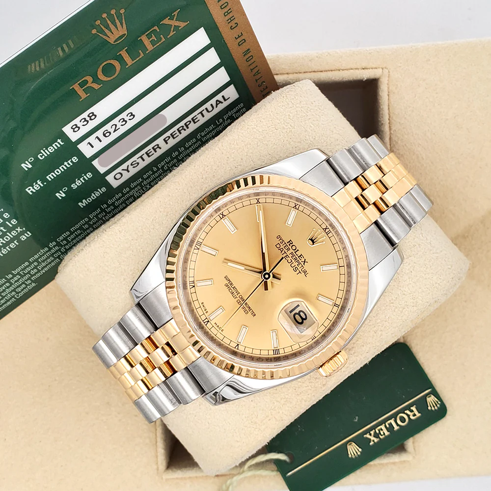 Rolex Datejust 36mm 2-Tone Yellow Gold/Steel Champagne Index Watch 116233 Box/Papers/Tag - Image 5